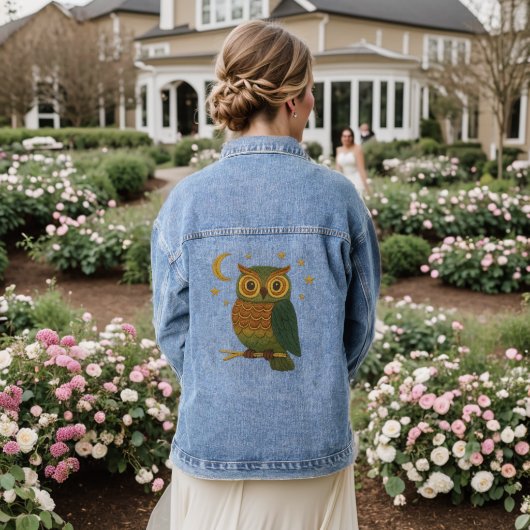 枝にとまる可愛いフクロウの刺繍風ユニセックス デニムジャケット (ウェディング裏面)