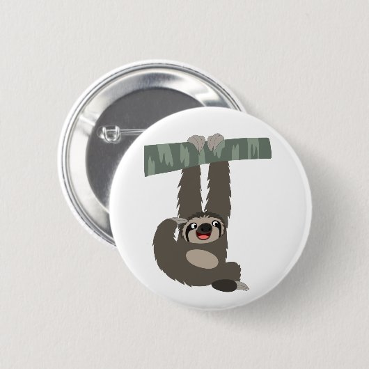 枝にぶら下がる可愛らしい漫画のナマケモノ 缶バッジ (正面&裏面)