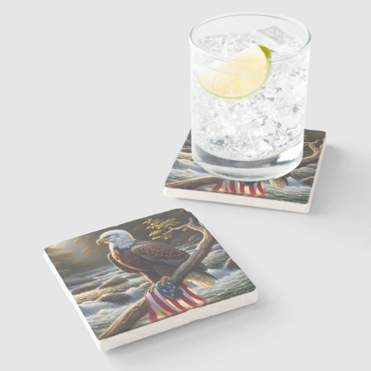 枝にアメリカ国旗を掲げたハゲのワシ ストーンコースター (横)