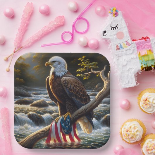 枝にアメリカ国旗を掲げたハゲのワシ ペーパープレート (パーティー)