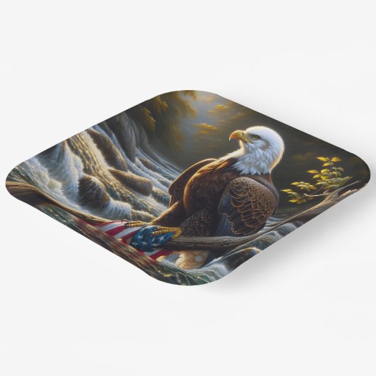 枝にアメリカ国旗を掲げたハゲのワシ ペーパープレート (傾斜あり)