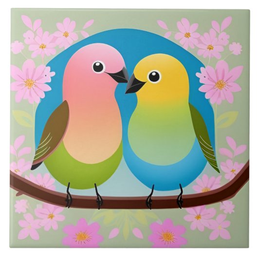 枝にカラフル刺さったマンガの鳥 タイル (正面)