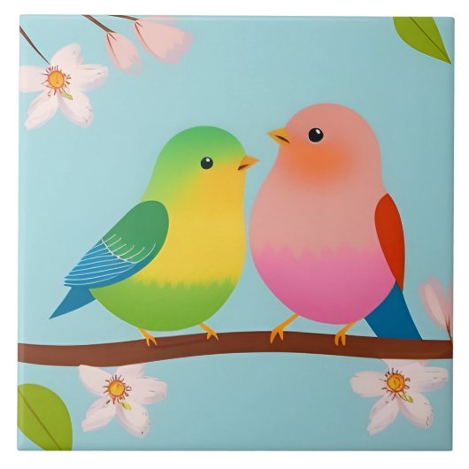 枝にカラフル刺さったマンガの鳥 タイル (正面)