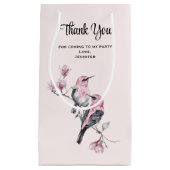 枝にピンクと黒の鳥が咲くパーティーありがとう スモールペーパーバッグ (正面)