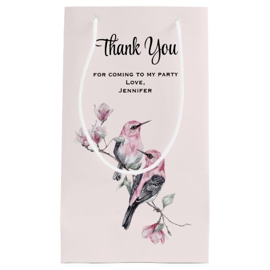 枝にピンクと黒の鳥が咲くパーティーありがとう スモールペーパーバッグ (正面)