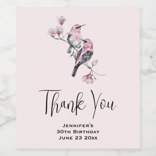 枝にピンクと黒の鳥が咲くパーティーありがとう ワインラベル (シングルラベル)