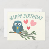 枝にメガネをかけたかわいいフクロウハッピーバースデー ポストカード (正面/裏面)