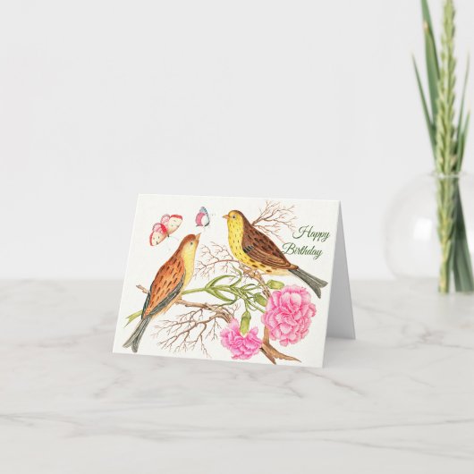 枝に二羽の茶色と黄色の鳥、誕生日 カード (正面)