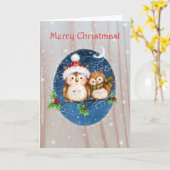 枝に二頭のフクロウ、聖降誕祭お目出とう カード (黄色い花)