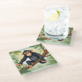 枝に可愛い尾を付けたチンパンジー ガラスコースター (アングル)