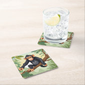 枝に可愛い尾を付けたチンパンジー スクエアペーパーコースター (インサイチュ)