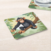 枝に可愛い尾を付けたチンパンジー スクエアペーパーコースター (アングル)