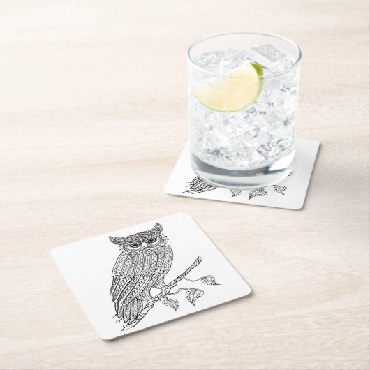 枝に坐っている刺激を受けたな魔法のフクロウ スクエアペーパーコースター (インサイチュ)