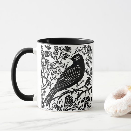 枝に広がる鳥の花 – 白黒 マグカップ (ドーナツ)