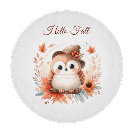 枝に座るかわいい秋のフクロウ|過去記事 カッティングボード (正面)