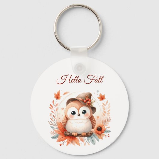 枝に座るかわいい秋のフクロウ|過去記事 キーホルダー (正面)