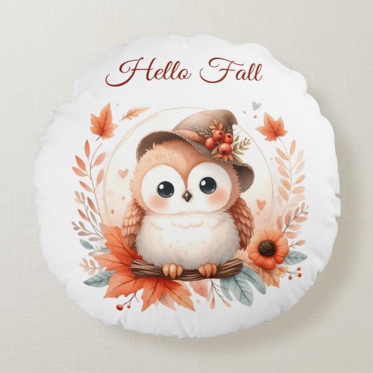 枝に座るかわいい秋のフクロウ|過去記事 ラウンドクッション (正面)