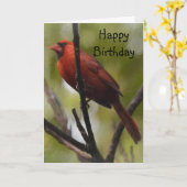 枝に座る赤い男性の北(鳥)ショウジョウコウカンチョウ カード (黄色い花)
