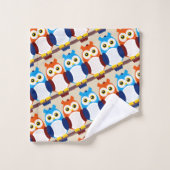 枝に描かれた可愛い茶色と青いフクロウ バスタオルセット (ウォッシュタオル)