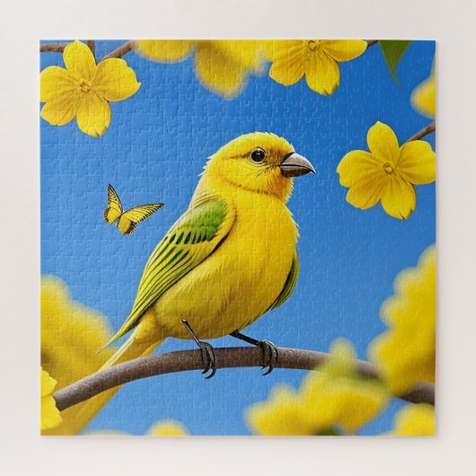枝に止まった明るい黄色の松の鳥 ジグソーパズル (縦)