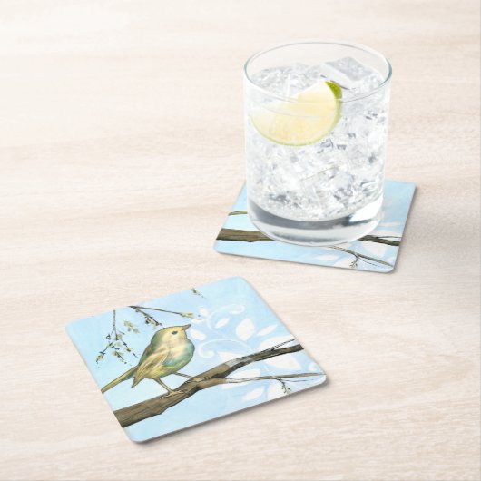 枝に止まった黄色い小鳥 スクエアペーパーコースター (インサイチュ)