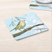 枝に止まった黄色い小鳥 スクエアペーパーコースター (アングル)
