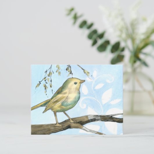 枝に止まった黄色い小鳥 ポストカード (スタンド正面)