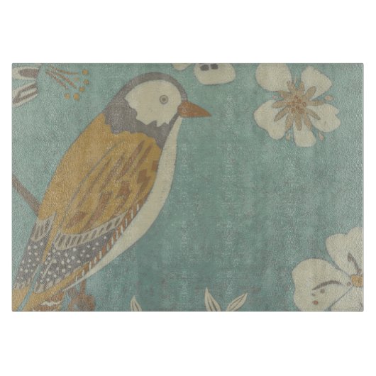 枝に止まった黄色、灰色、ベージュの鳥 カッティングボード (正面)