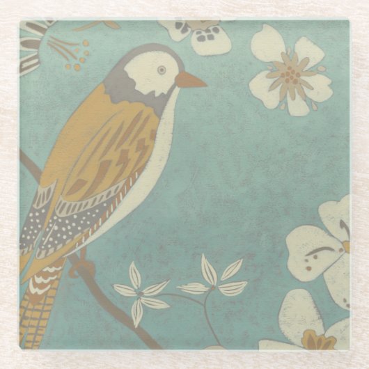 枝に止まった黄色、灰色、ベージュの鳥 ガラスコースター (正面)