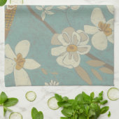 枝に止まった黄色、灰色、ベージュの鳥 キッチンタオル (折り畳み)