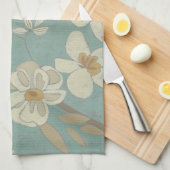 枝に止まった黄色、灰色、ベージュの鳥 キッチンタオル (四つ折り)