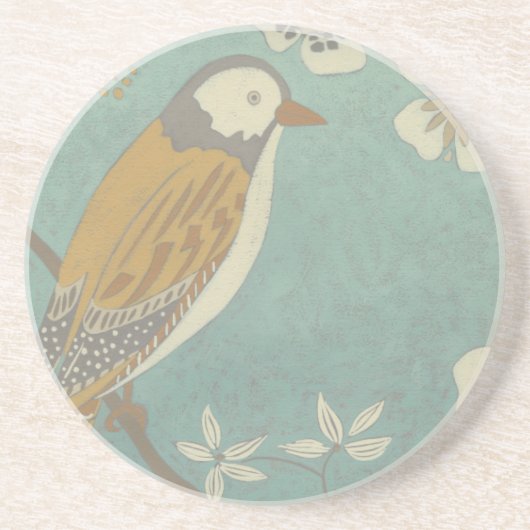 枝に止まった黄色、灰色、ベージュの鳥 コースター (正面)