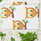 枝に止まるかわいいキャラクターのフクロウ柄 キッチンタオル (折り畳み)