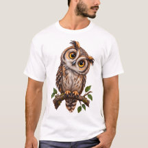 枝に止まるかわいいフクロウのイラストTシャツ