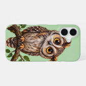 枝に止まるかわいいフクロウの深緑スマホケース iPhone 16ケース (裏面横)