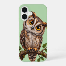 枝に止まるかわいいフクロウの深緑スマホケース iPhone 16ケース