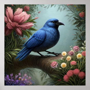 枝に止まる明るい青の鳥 ポスター