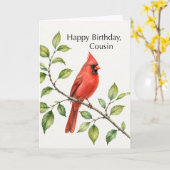 枝に止まる赤いショウジョウコウカンチョウ いとこの誕生日 カード (黄色い花)