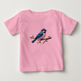 枝に止まる青い鳴き鳥のイラスト ベビーTシャツ