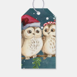 枝に止まる2羽のクリスマスフクロウのギフトタグ ギフトタグ