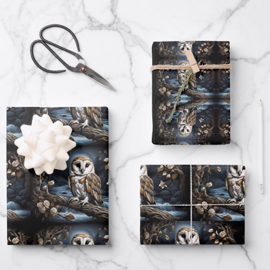 枝に美しい納屋のフクロウ ラッピングペーパーシート (正面)