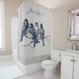 枝に美しい青と灰色の鳥のヴィンテージ シャワーカーテン