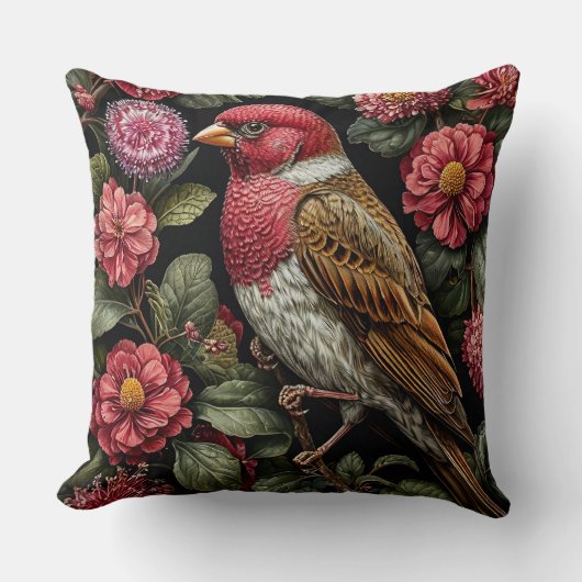枝に花を付けて座る鳥 クッション (正面)