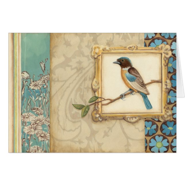 枝に茶色と青の鳥が顔を上げる (正面横)