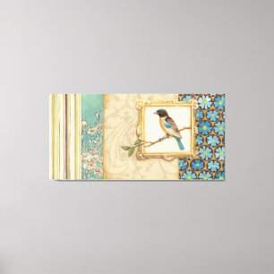 枝に茶色と青の鳥が顔を上げる キャンバスプリント