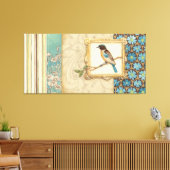 枝に茶色と青の鳥が顔を上げる キャンバスプリント (インサイチュ (リビング))