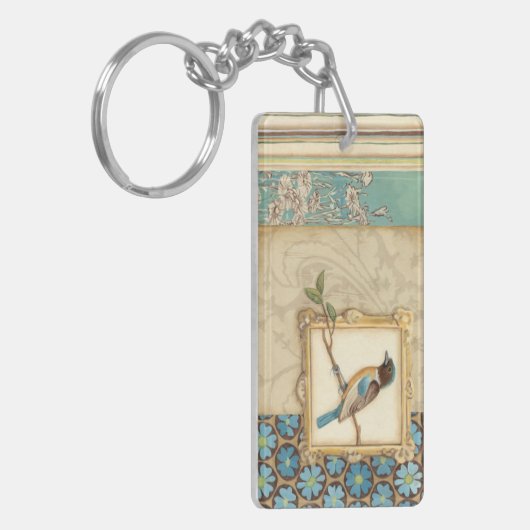 枝に茶色と青の鳥が顔を上げる キーホルダー (正面左)