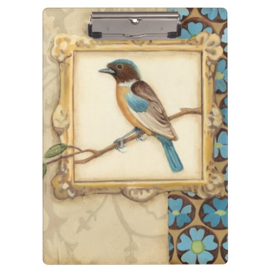 枝に茶色と青の鳥が顔を上げる クリップボード (正面)