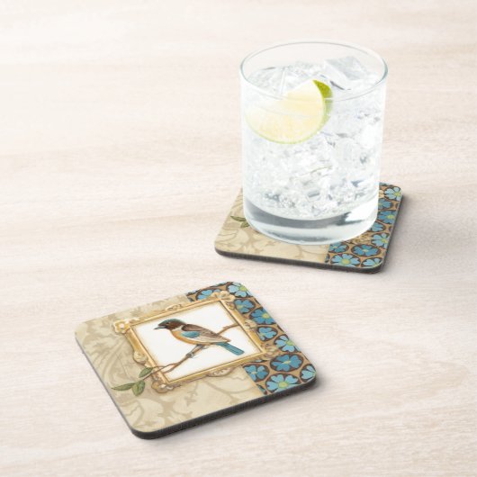 枝に茶色と青の鳥が顔を上げる コースター (右側)