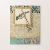 枝に茶色と青の鳥が顔を上げる ジグソーパズル (縦)